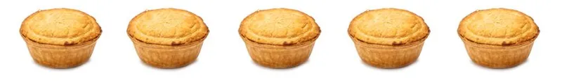 Five individual golden-brown pies are evenly spaced in a horizontal row on a white background.