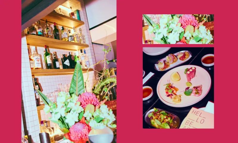 A bar shelf with liquor bottles and floral arrangements, alongside close-up shots of colorful gourmet dishes, all set against a bold pink background.
