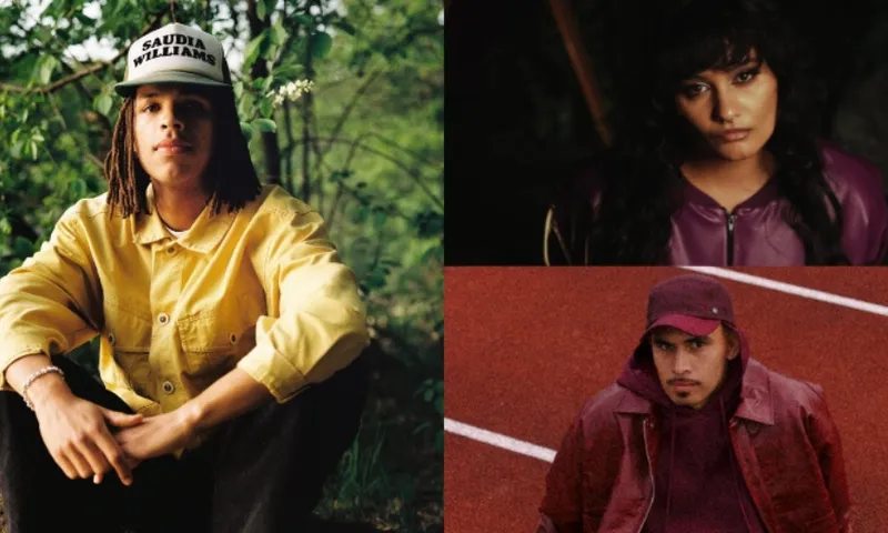 A collage of three people: on the left, a person in a yellow jacket and white cap sits outdoors; on the top right, a person with dark hair in a purple jacket; on the bottom right, a person in a maroon jacket and cap on a red track.
