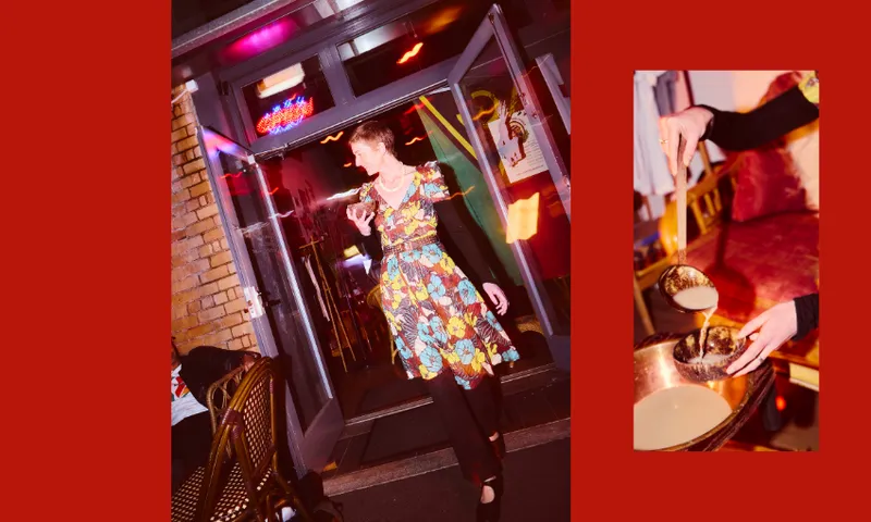 A woman in a floral dress stands in a doorway at night, holding a drink. To the right, a close-up shows hands pouring a creamy liquid from a ladle into a cup. The scene is accented with bright, colorful lighting.