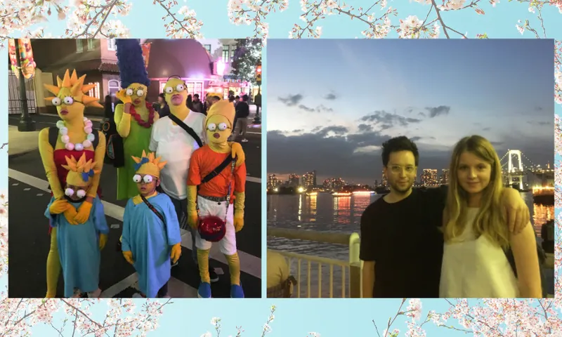 A split image: left side shows five people in The Simpsons character costumes; right side shows a man and woman posing by a waterfront at sunset with a city skyline in the background. Floral pattern borders the image.