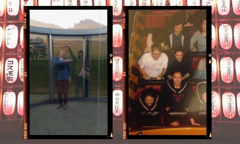Two photos side by side: one shows a person standing inside a glass booth, pointing; the other shows a group of people on a roller coaster, some laughing and some looking surprised. Background features lanterns with Japanese writing.
