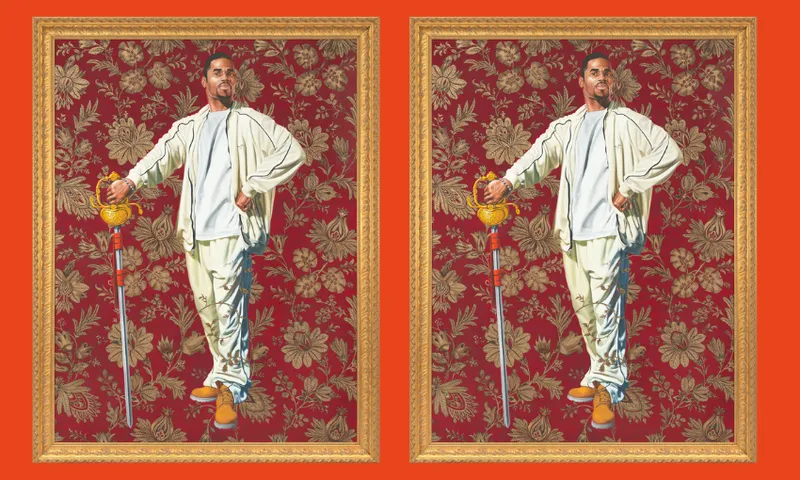 A double portrait of a man in white clothing and tan boots, holding a staff, stands confidently against a red floral background with gold frames, set side by side on an orange backdrop.