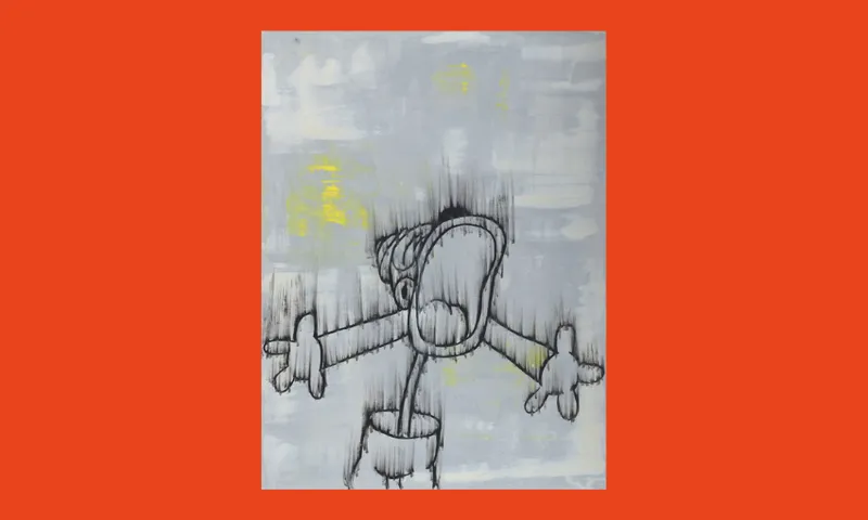 A cartoon figure with arms outstretched and mouth wide open is sketched in black on a gray and yellow abstract background. The image is set against a solid red border.