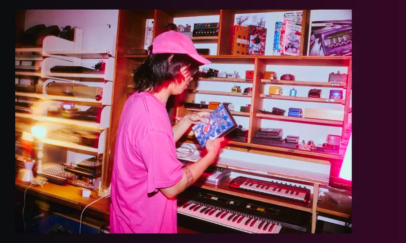 A person in a bright pink outfit and hat stands in a studio filled with synthesizers, keyboards, and electronic music equipment, holding a colorful circuit board, with shelves of gear in the background.