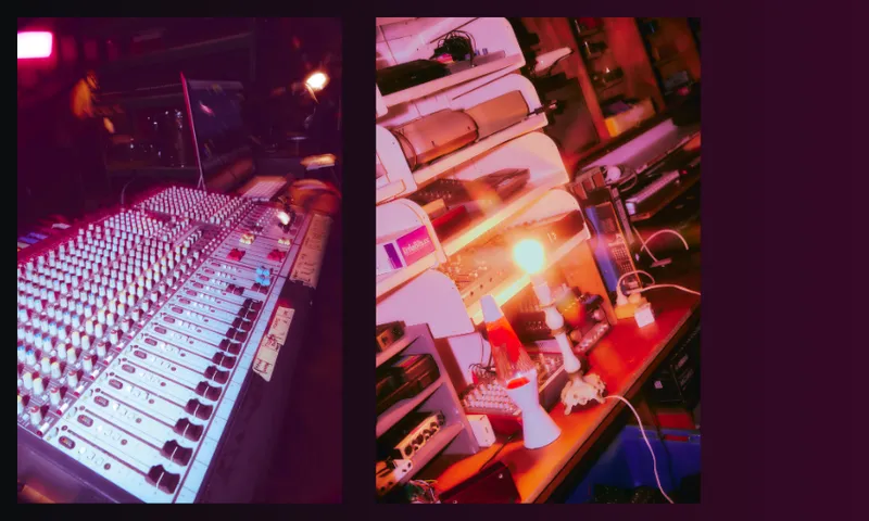 A photo collage showing a colorful audio mixing console on the left and a cluttered workspace with electronics, shelves, and a glowing lamp on the right, both bathed in purple and red lighting.
