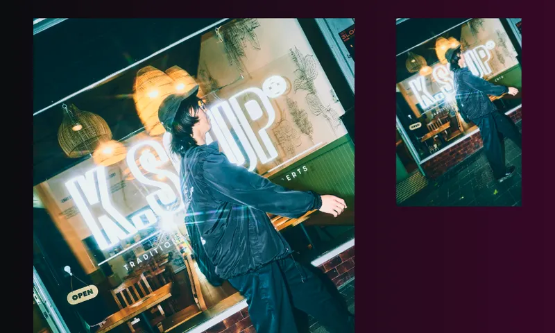 A person in a dark jacket walks past a brightly lit restaurant window with large "K-STOP" signage; wooden chairs and hanging lights are visible inside. The image is shown in two sizes on a dark background.