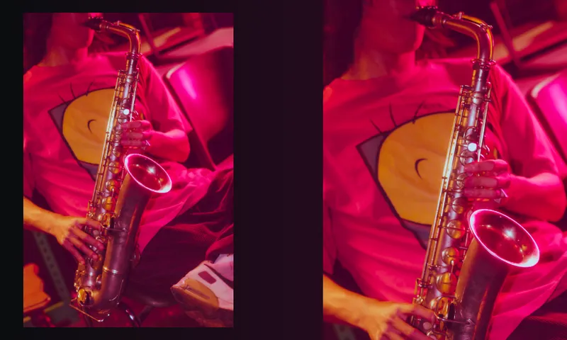 A person wearing a bright pink shirt and playing a saxophone sits indoors. The image is shown twice side by side, both with a vivid pink tint and soft lighting.