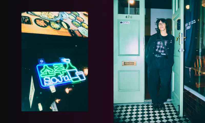 On the left, a neon sign reads "Soju" in Korean and English below a menu with Korean dishes. On the right, a person in dark clothes stands by a light green door numbered 476, on a black-and-white tiled floor.