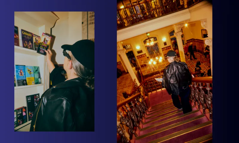 A person in a black leather jacket and cap selects a flyer from a display in one image and walks down a grand staircase in a well-lit, ornate building in the other image.