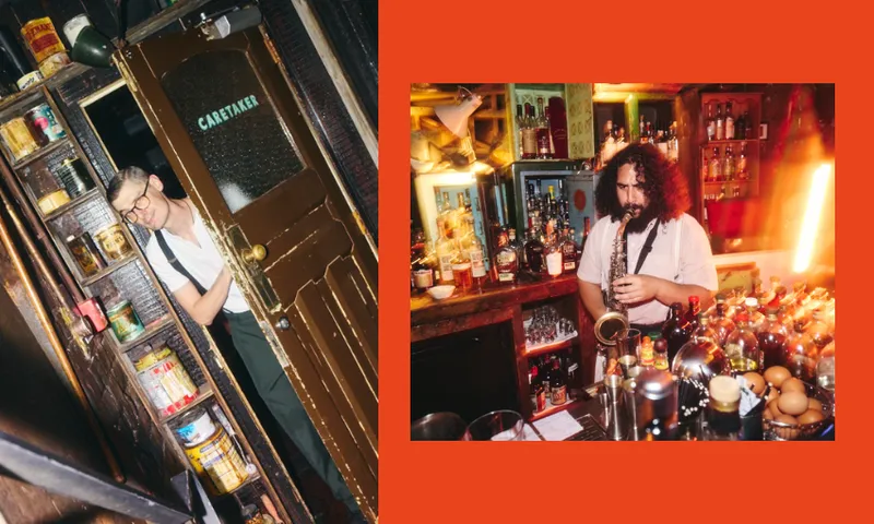 Two photos: left, a person opens a brown door labeled "Caretaker" in a pantry; right, a bartender with curly hair prepares a drink behind a bar filled with bottles, all set against an orange background.
