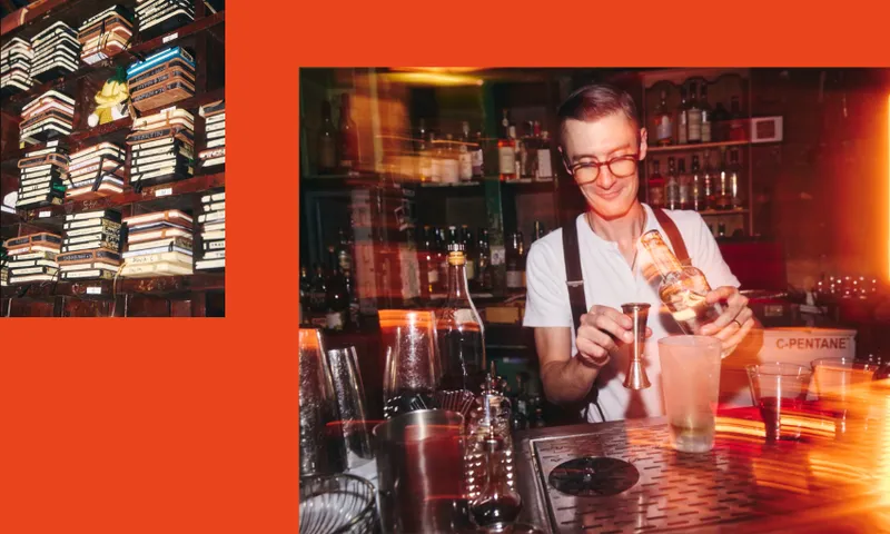 A bartender in glasses pours a drink behind a bar, surrounded by bottles and glasses; inset shows shelves filled with stacked notebooks against a bright orange background.