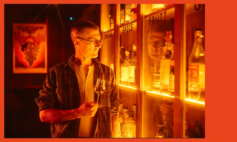 A person holding a wine glass examines bottles displayed on a warmly lit shelf labeled with words like "SPICE" and "FRUIT" in an atmospheric bar or tasting room.
