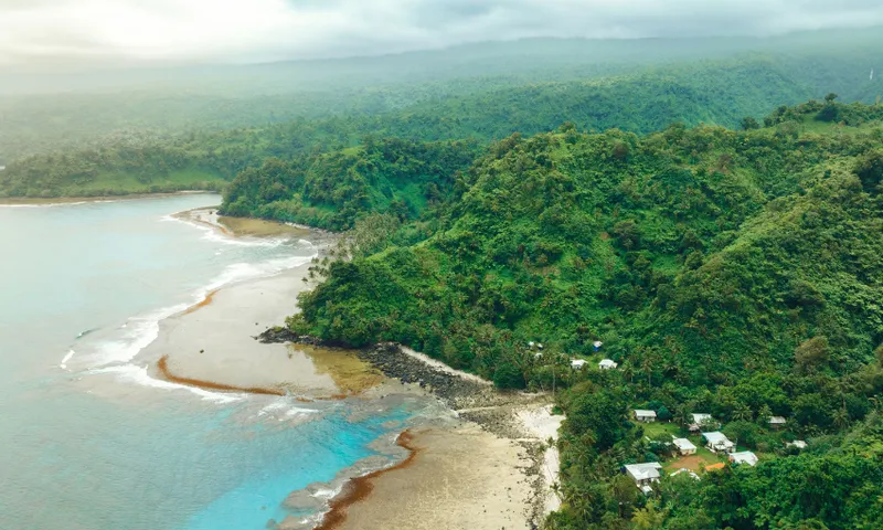 a tropical island coast showing water, sand and rich, green forest