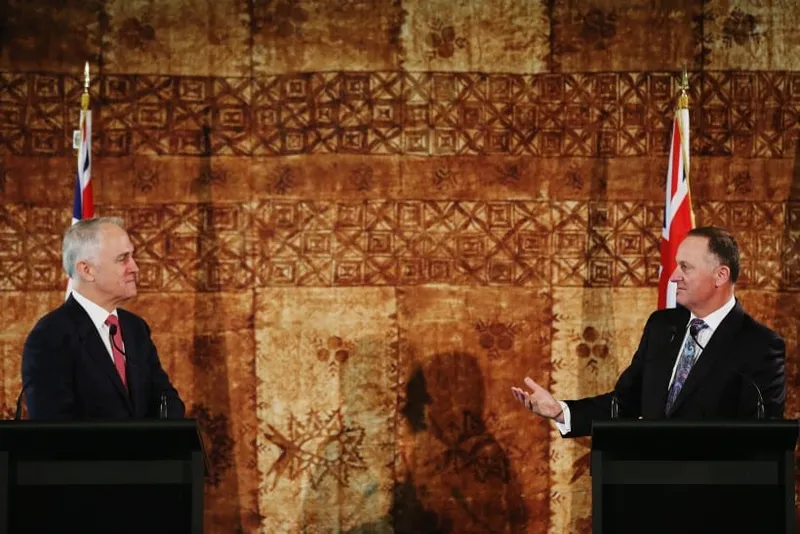 AUCKLAND, NEW ZEALAND - OCTOBER 17:  Australian Prime Minister Malcolm Turnbull and New Zealand Prime Minister John Key answer questions during a press confrence at Government House on October 17, 2015 in Auckland, New Zealand. Turnbull is in New Zealand to discuss bilateral talks with John Key. It is also his first visit to New Zealand as Prime Minister.  (Photo by Hannah Peters/Getty Images)