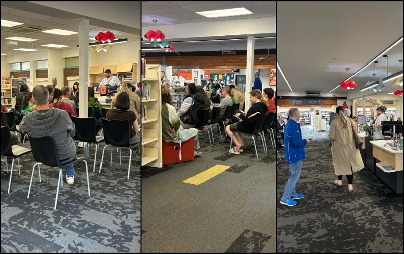A collage of three images shows people seated and listening to a speaker in a library, with bookshelves and displays visible in the background. The third panel shows two people approaching a library counter.