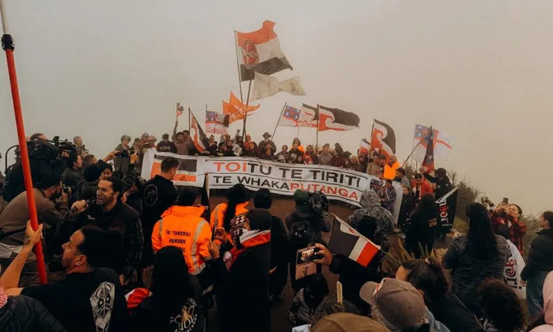 A large group of people gather outdoors, holding flags and a banner that reads "TOITU TE TIRITI ME TE WHAKAPUTANGA." Some individuals wear high-visibility vests. The setting is foggy, creating a muted background.