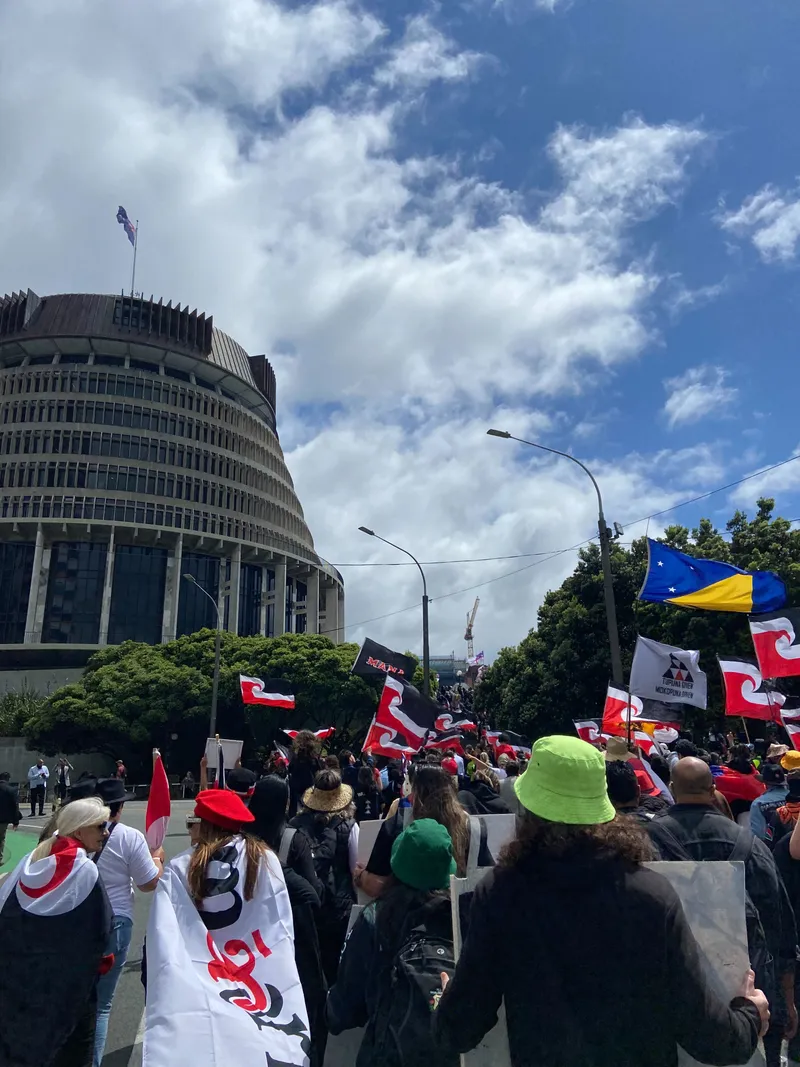A large crowd gathers for a protest near a distinctive, round building under a partly cloudy sky. People hold flags and banners. Some flags are red and white, and others have different designs. Trees line the street.