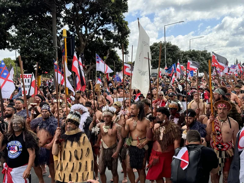 A large group of people in traditional attire march down a street, holding flags and wooden poles. They are participating in a cultural demonstration, with trees and a cloudy sky in the background.