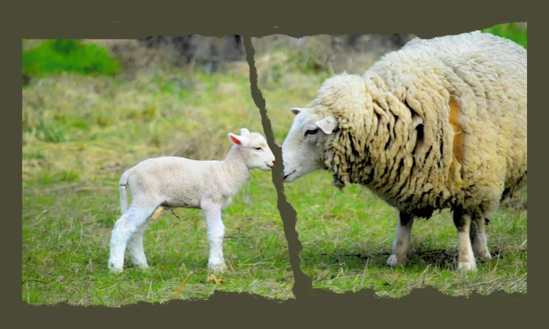 A photo of a lamb and ewe separated by design in the image that tears them apart.