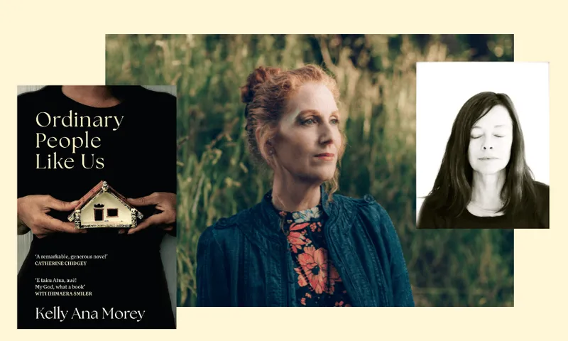 A photo of Catherine Chidgey with an inset of Kelly Ana Morey and the cover of Kelly Ana's book Ordinary People Like Us.