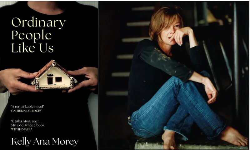 The cover of Ordinary People Like Us by Kelly Ana Morey and a photo of Kelly Ana Morey but Jane Usher which has the writer sitting at the bottom of the stairs in jeans and a top, bare feet.