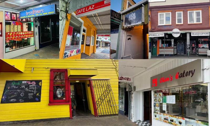a collage of six colourful shopfronts in Newtown, Wellington