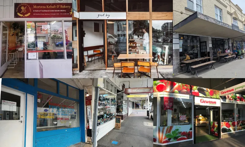 a collage of six colourful shopfronts in Newtown, Wellington