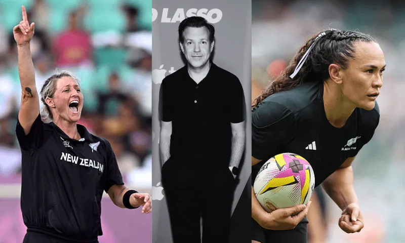 Sophie Devine at the ICC Women's Cricket World Cup, Jason Sudeikis, who plays Ted Lasso, and Portia Woodman-Wickliffe at the Women's Rugby World Cup (Photos: Getty Images)