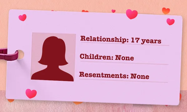 pink fake ID card showing a woman in a relationship for 17 years with no children and no resentments