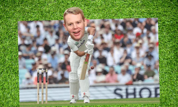 A cartoon-like image of a cricket player with an exaggerated large head playing a shot, with a red ball approaching and a stadium crowd in the background, all placed on a grass-textured background.