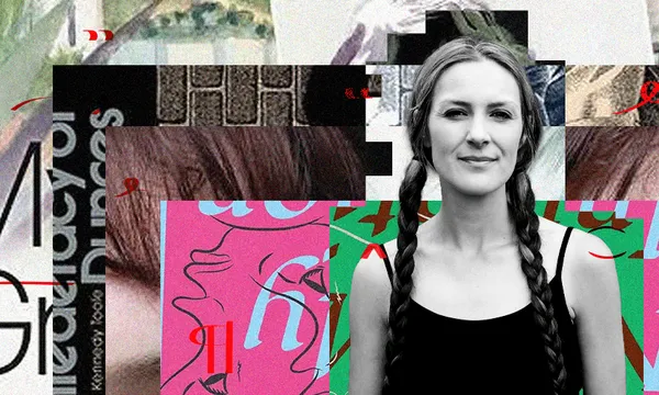 A black and white photo of the author Frances Pavlevich who is a young woman with two long plaits. Behind her is a collage of book covers.