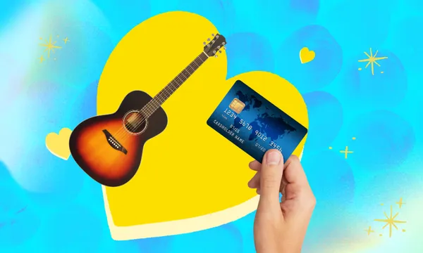 blue dating files template with a yellow heart shape and overlaid a photo of an acoustic guitar and a hand holding out a generic credit card