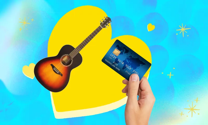 blue dating files template with a yellow heart shape and overlaid a photo of an acoustic guitar and a hand holding out a generic credit card