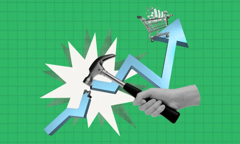 A hand holding a hammer breaks a rising blue arrow with a shopping cart on top, against a green grid background.