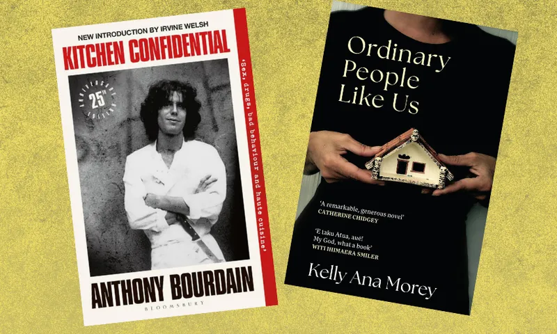 Two book covers with a mustard background.