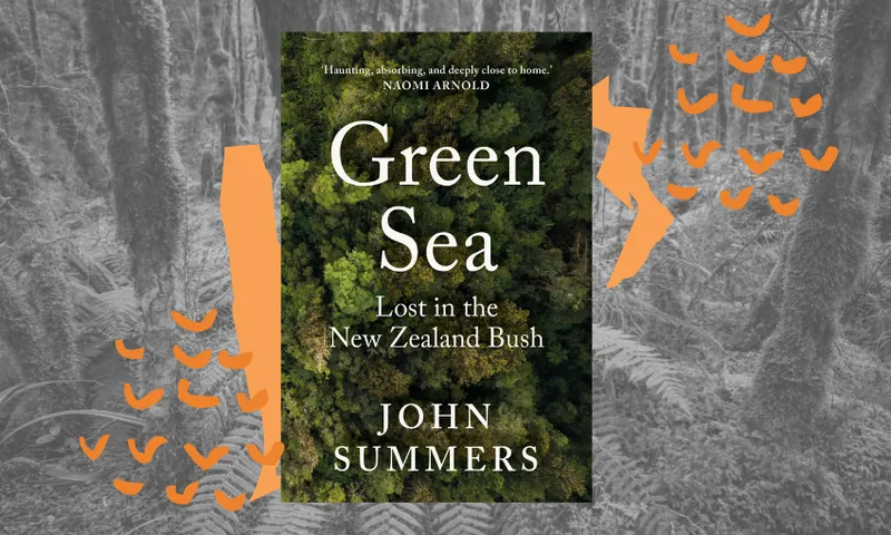 A black and white photo of dense bush with the cover of Green Sea by John Summers overlaid, with orange graphic shapes between.