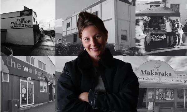 a black and white collage of six storefronts in Gisborne. overlaid, a woman with brown hair in a bun stands arms crossed and smiling at the camera