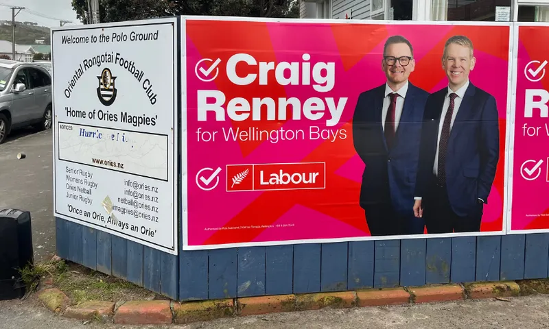A fence, with one sign marking the entrance to the Oriental Rongotai Football Club. Another sign shows two white men, and promotes Craig Renney as a Wellington Bays candidate.