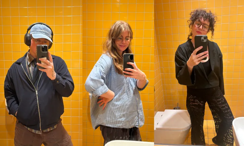 Three bathroom selfies at Turanga library.