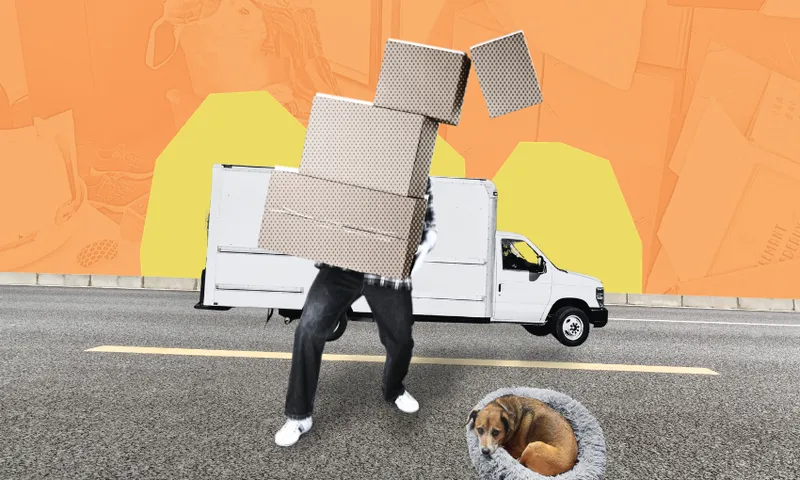 A man holds a pile of boxes in front of a moving fan. Orange backgroud.