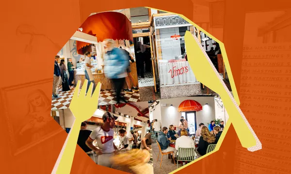 Collage of a busy restaurant with people dining, staff serving food, and a red-and-white awning. Yellow fork and knife graphic overlay on an orange background.