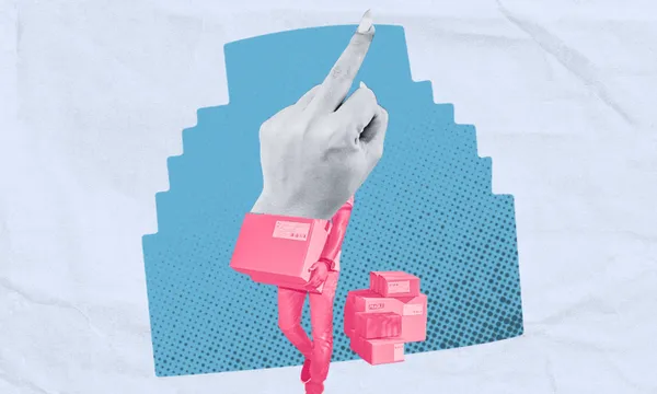 A collage shows a hand with an extended middle finger emerging from a pink sleeve. Below, pink packages are stacked, and the background is blue with a stepped shape and dotted pattern.