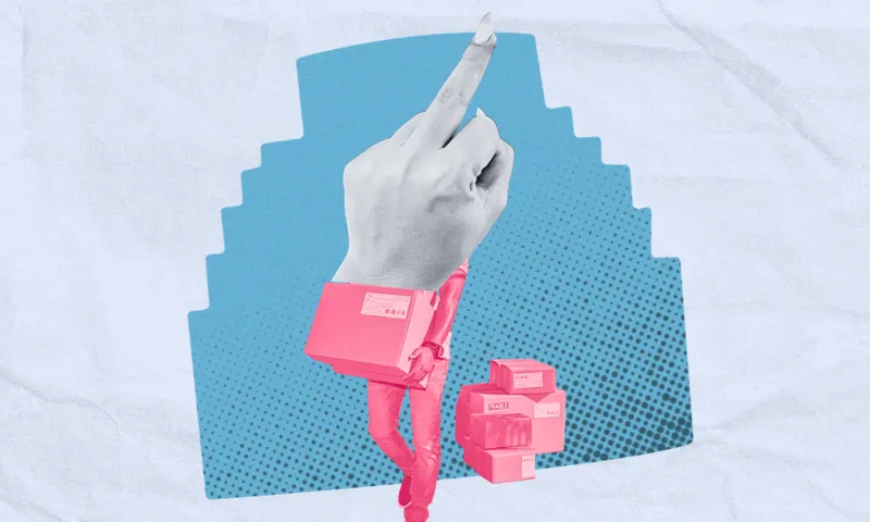 A collage shows a hand with an extended middle finger emerging from a pink sleeve. Below, pink packages are stacked, and the background is blue with a stepped shape and dotted pattern.