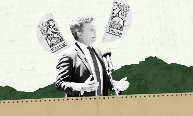 A man in a suit speaks at a microphone. Two illustrated flags behind him read “Waitangi” and “Tribunal.” The background is a collage of green hills and handwritten text.
