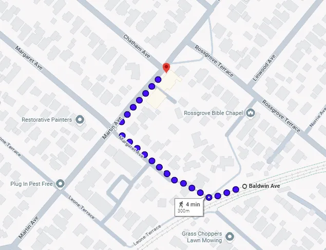 A map shows a 4-minute, 300-meter walking route marked by blue dots from Baldwin Ave to a destination on Chatham Ave, passing landmarks like Rossgrove Bible Chapel and local businesses.