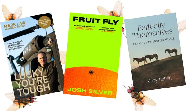 Three books wonkily placed with a wallpaper of flies behind them.