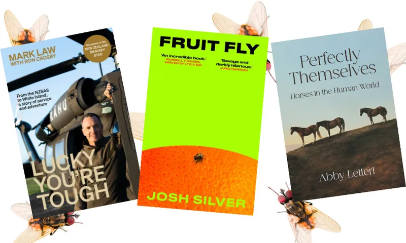 Three books wonkily placed with a wallpaper of flies behind them.