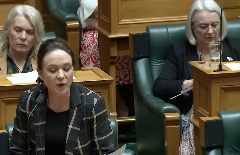 A woman speaks at a podium in a legislative chamber while another woman behind her knits with blue yarn. Other people are seated nearby, listening.
