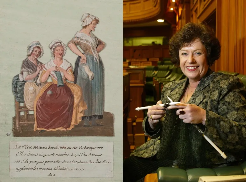 On the left, a historical illustration of three women knitting; on the right, a modern woman smiling and knitting in what appears to be a government chamber.